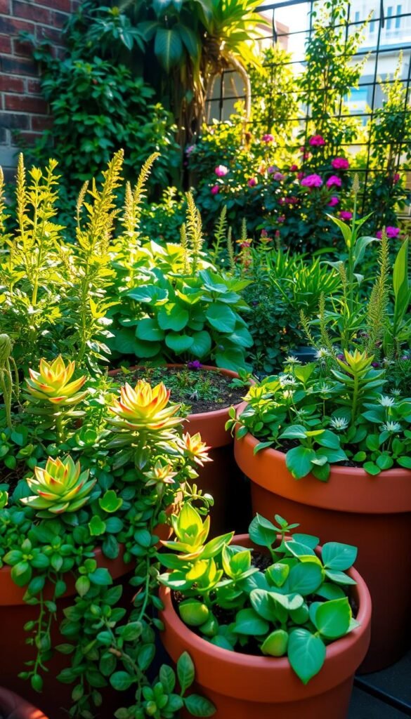 Lush, verdant urban garden with an array of thriving, low-maintenance plants suitable for limited space. In the foreground, vibrant succulents, trailing vines, and compact herbs spill over terracotta pots, basking in warm, diffused afternoon light. The middle ground features hearty, leafy greens and colorful flowering plants, carefully arranged to create a sense of abundance and natural harmony. In the background, a brick wall or trellis provides a neutral backdrop, allowing the vibrant foliage to take center stage. The overall scene conveys a serene, restorative atmosphere, inspiring urban dwellers to transform their concrete spaces into flourishing, nature-filled oases.