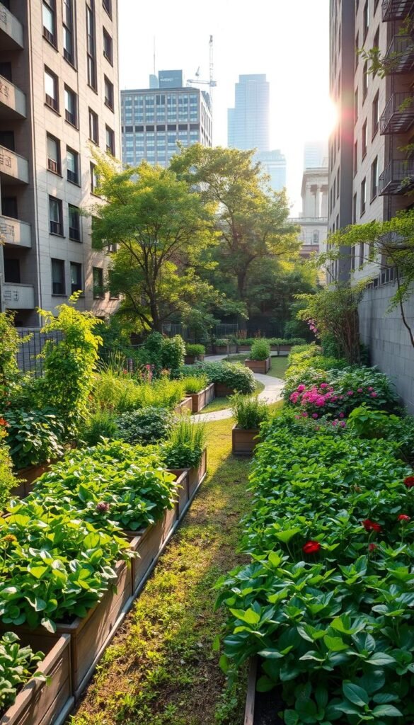 Serene urban garden oasis, lush with verdant foliage and vibrant flowers, nestled between towering concrete buildings. In the foreground, raised garden beds overflowing with fresh produce, tended by the hands of a diverse community. Sunlight filters through the canopy of trees, casting a warm glow and highlighting the verdant hues. In the middle ground, a winding pathway invites visitors to explore the tranquil sanctuary, while in the background, the silhouettes of skyscrapers and city infrastructure create a striking contrast. An atmosphere of harmony, sustainability, and the powerful connection between nature and urban life.