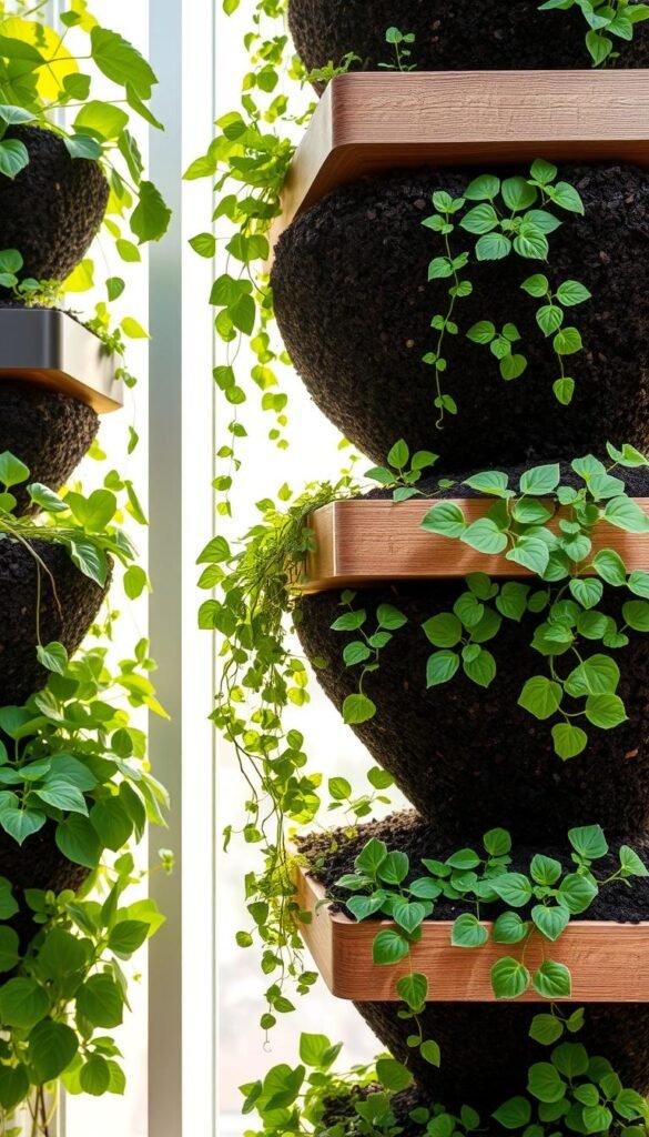 Vertical garden planters filled with rich, dark soil, their tiered levels cascading against a bright, sun-dappled backdrop. Lush, green foliage cascades from the planters, creating a verdant and inviting scene. The planters are made of sleek, minimalist materials like wood or metal, their clean lines complementing the organic textures of the plants. Soft, diffused lighting illuminates the scene, casting gentle shadows and highlighting the vibrant colors. The overall composition emphasizes the efficient use of vertical space, showcasing how even small areas can be transformed into thriving, productive gardens.