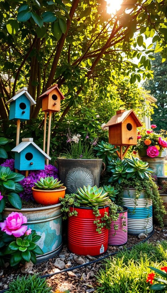 Vibrant garden containers crafted from repurposed materials, nestled amidst lush foliage and blooming flowers. Whimsical birdhouses, rustic planters made from vintage buckets, and cascading succulents spilling over the edges of upcycled tin cans. Dappled sunlight filters through the branches, casting warm shadows on the eclectic display. The scene exudes a sense of creativity, sustainability, and a harmonious blend of nature and recycled elements. Dramatic low-angle perspective emphasizes the ingenuity and visual appeal of these one-of-a-kind garden features.