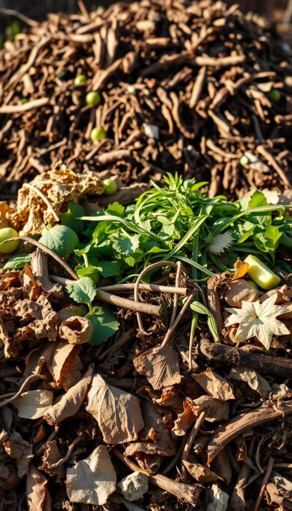 A balanced arrangement of organic materials for a thriving compost pile. In the foreground, a mix of brown materials like dried leaves, shredded paper, and woody stems. In the middle, greener items like fruit peels, grass clippings, and vegetable scraps. The background features a pile of mature, nutrient-rich compost ready for soil amendment. Warm, natural lighting illuminates the scene, casting gentle shadows. The overall composition conveys the harmony and equilibrium required for successful composting. Captured with a wide-angle lens to showcase the diversity of essential materials.