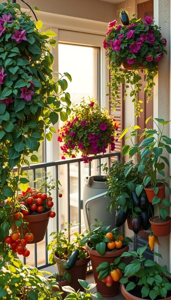 A balcony adorned with an artful arrangement of container plants, bathed in soft, warm sunlight. Lush, vibrant foliage cascades from hanging baskets and tiered planters, creating a harmonious symphony of textures and colors. Compact vegetable varieties like cherry tomatoes, dwarf eggplants, and miniature peppers thrive in strategically placed containers, showcasing the versatility of small-space gardening. The scene exudes a sense of tranquility and creativity, inviting the viewer to imagine the joys of cultivating a thriving oasis on even the most limited balcony.