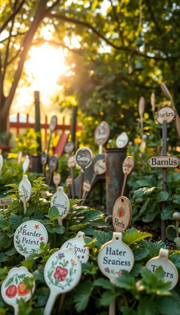 A beautifully crafted garden display featuring a variety of custom-made plant markers, meticulously designed and arranged to complement the lush foliage. In the foreground, delicate ceramic tags with hand-painted florals and whimsical designs mark the boundaries of thriving herbs and vegetables. The middle ground showcases a collection of repurposed metal and wood pieces, each carved with personalized plant names and integrated seamlessly into the surrounding greenery. In the background, a warm, golden light filters through the canopy, creating a serene and inviting atmosphere that captures the essence of a truly personalized garden oasis. Crisp, high-resolution details and a natural, earthy color palette evoke a sense of rustic charm and heartfelt creativity.