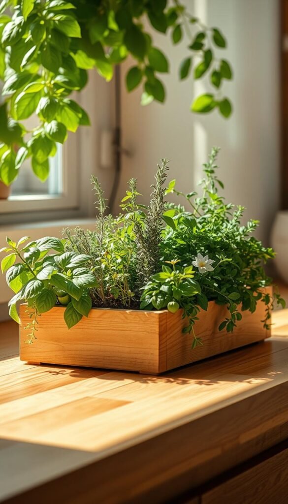 A beautifully lit indoor herb garden, with lush green foliage and healthy plants thriving under soft, natural lighting. A shallow wooden planter box sits on a wooden kitchen counter, its soil brimming with a vibrant assortment of fragrant herbs such as basil, rosemary, thyme, and oregano. Delicate shadows dance across the surfaces, creating a warm, inviting atmosphere. The composition showcases the bountiful harvest and convenience of cultivating an indoor herb garden, capturing the essence of the benefits of year-round fresh flavors in an urban kitchen setting.
