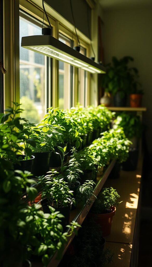 A beautifully lit indoor herb garden with lush, vibrant plants thriving under natural and artificial lighting. The scene depicts a cozy, well-organized home setup, with rows of potted herbs positioned on shelves or window sills, bathed in a warm, soft glow. The lighting comes from a combination of sunlight filtering through large windows and subtle, adjustable grow lights mounted above. The herbs, such as basil, thyme, and rosemary, stand tall and healthy, their leaves casting delicate shadows on the surfaces around them. The overall atmosphere is one of tranquility, productivity, and a harmonious blending of natural and technological elements to create the ideal conditions for an indoor urban garden.