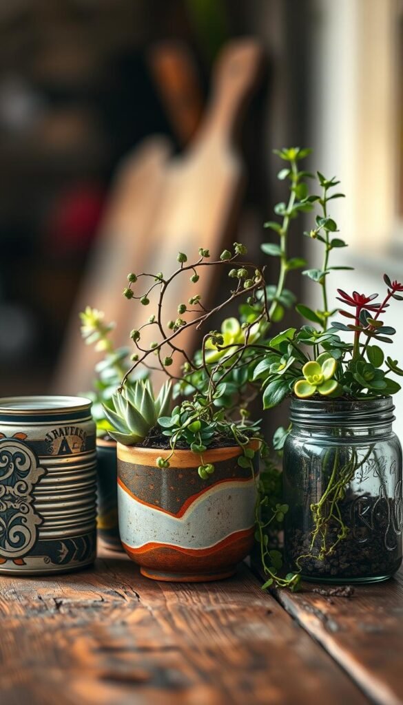 A beautifully lit still life scene of a variety of unique, handcrafted planters placed on a rustic wooden surface. In the foreground, an array of upcycled containers - a retro tin can, a chipped ceramic pot, and a repurposed glass jar - each with intricate designs and vibrant colors. In the middle ground, a mix of succulents, trailing vines, and lush foliage spill out gracefully from the planters, creating a natural and organic composition. The background is softly blurred, allowing the handmade quality of the planters to take center stage. The overall mood is one of creativity, sustainability, and a connection to nature.