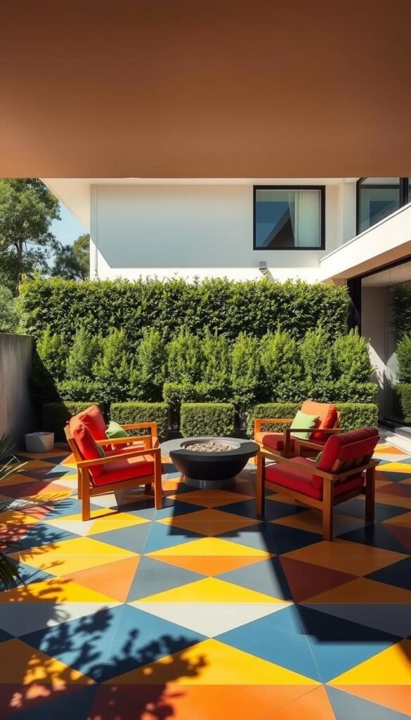 A boldly painted patio with a striking geometric tile floor. Sunlight streams in, casting dramatic shadows over the scene. The foreground features clean-lined patio furniture in vibrant colors, positioned around a central fire pit. In the middle ground, a lush, meticulously trimmed hedge frames the patio, creating an intimate, enclosed atmosphere. The background showcases a modern, minimalist house design with large windows that seamlessly integrate the indoor and outdoor spaces. The overall aesthetic is one of contemporary, artistic flair - a harmonious blend of bold colors, clean lines, and natural elements that elevates the outdoor living experience.
