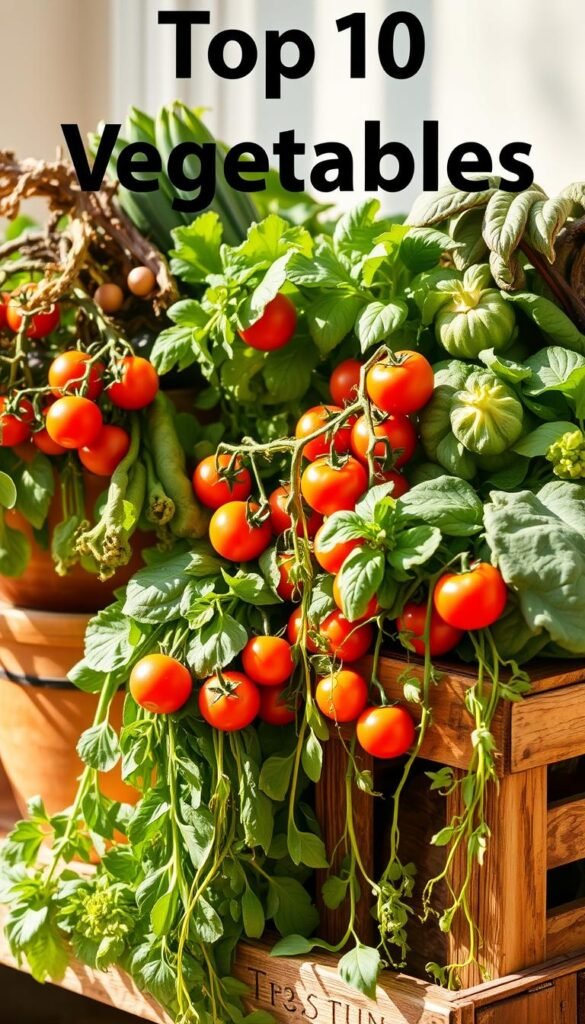 A bountiful array of vibrant, container-grown vegetables set against a soft, blurred background. In the foreground, various leafy greens, plump tomatoes, and trailing vines cascade from a selection of rustic terracotta pots and wooden crates. Warm, natural lighting filters through, casting gentle shadows and highlights that accentuate the produce's rich colors and textures. The overall composition conveys a sense of abundance and the joys of urban gardening, perfectly capturing the essence of "Top 10 Vegetables for Small Space & Balcony Gardens".