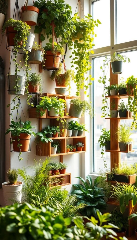 A bright, airy vertical garden showcasing an array of lush, flourishing plants. In the foreground, an eclectic mix of hanging planters, wall-mounted pots, and repurposed containers overflowing with cascading vines and leafy greens. The middle ground features a modular, DIY shelving system constructed from reclaimed wood, housing a variety of thriving succulents and herbs. In the background, a large window allows natural light to flood the space, casting a warm, golden glow and creating a serene, nature-inspired atmosphere. The overall composition conveys a sense of urban renewal, sustainability, and the boundless creativity of DIY vertical gardening.