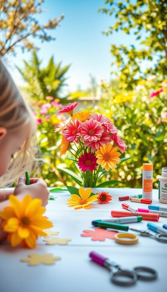 A bright and cheerful scene of simple flower crafts for children. In the foreground, a young girl sits at a table, her hands carefully assembling a colorful paper flower. Behind her, a variety of craft supplies are scattered, including scissors, markers, and glue. The middle ground features a cluster of freshly picked flowers, their vibrant petals providing inspiration for the girl's creations. The background is a warm, sun-drenched garden, with lush greenery and a clear blue sky overhead. The lighting is soft and diffused, casting a gentle glow on the entire scene. The overall atmosphere is one of creativity, joy, and a connection to nature.