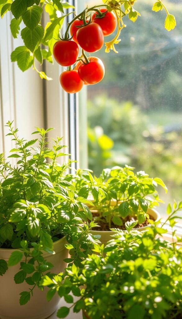 A bright, sun-dappled windowsill filled with thriving herbs and vegetables. In the foreground, lush basil, oregano, and rosemary plants spill over the edges of ceramic pots, their vibrant green leaves catching the golden light. In the midground, a cluster of cherry tomatoes hang ripe and juicy, their ruby-red hues contrasting with the soft, earthy tones of a small potted lettuce plant. The background reveals a tranquil outdoor scene, with a glimpse of a lush, verdant garden beyond the window. The overall composition has a warm, inviting atmosphere, capturing the joy and serenity of indoor gardening.