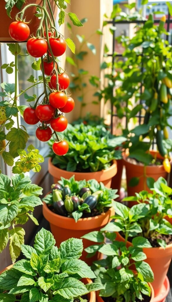 A bright, warm-lit balcony scene featuring a variety of compact, lush vegetable plants in colorful pots. In the foreground, a thriving cherry tomato plant cascades from a hanging basket, its ripe red fruit glistening. Beside it, a neatly pruned bush of leafy kale and tender bok choy nestle in terracotta planters. In the middle ground, a compact eggplant plant boasts its deep purple, oblong fruits, while a dwarf bell pepper plant displays its vibrant yellow peppers. In the background, a trellis supports climbing vines of zucchini and cucumbers, their broad leaves and tender shoots adding depth and texture to the verdant setting. The scene is bathed in warm, natural light, conveying a sense of lush, bountiful growth in a cozy, urban oasis.