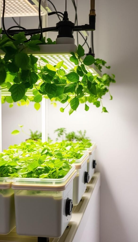 A brightly lit hydroponic setup with a suspended LED grow light system illuminating a lush, verdant arrangement of leafy greens and herbs. Rows of sleek, transparent nutrient reservoirs with digital controllers and customizable dosing pumps provide a controlled, balanced feeding regime. The setup is placed against a clean, minimalist backdrop, emphasizing the efficient, modern design. The lighting casts a warm, energizing glow, creating an atmosphere of vibrant, thriving growth ideal for small-space hydroponic gardening.