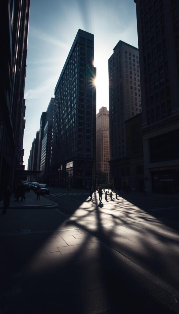 A bustling urban landscape, where towering buildings cast intricate shadows across the ground. The sun's rays filter through gaps between the structures, creating a dynamic play of light and shadow. Dramatic contrasts emerge, with sharp-edged shadows carving abstract patterns on the pavement below. Soft, diffused lighting illuminates the facades, highlighting the architectural details and textures. A sense of depth and dimensionality is achieved through the layering of shadows, creating a visually captivating and atmospheric scene that captures the challenges of sunlight in a city environment.