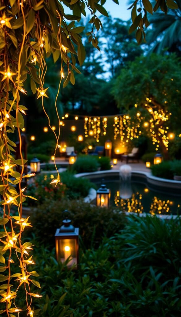 A captivating outdoor lighting installation amidst a lush, enchanting garden. In the foreground, delicate fairy lights gracefully drape over verdant foliage, casting a warm, magical glow. The middle ground features creatively shaped lanterns and lamps, strategically placed to illuminate winding paths and seating areas. In the background, a tranquil water feature reflects the twinkling lights, creating a mesmerizing mirror effect. The composition is shot from a low angle, emphasizing the whimsical, inviting atmosphere. Soft, diffused lighting and a golden, sunset-inspired color palette evoke a cozy, intimate ambiance, perfect for a romantic evening in the garden.
