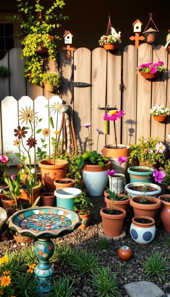 A charming and whimsical front yard, overflowing with creative DIY garden art pieces. In the foreground, a colorful mosaic birdbath catches the warm afternoon sunlight, surrounded by a vibrant array of handcrafted wind chimes, garden stakes, and sculptural metal flowers. The middle ground features a eclectic mix of painted terra cotta planters, artfully arranged with trailing vines and blooming florals. In the background, a rustic wooden fence is adorned with hanging baskets, painted birdhouses, and a inviting garden gate, all coming together to create a delightful and personalized outdoor sanctuary.