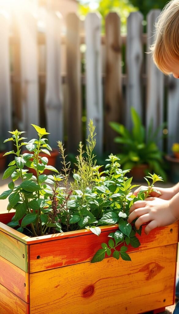 A charming container herb garden carefully tended by a curious child. The foreground features a colorful, child-sized planter box filled with a lush variety of fragrant herbs - basil, rosemary, thyme, and mint. The child's small hands gently tend to the plants, curiosity and delight in their growth evident. The middle ground showcases a sunny, inviting backyard setting with a weathered wooden fence in the distance. Soft, natural lighting filters through wispy clouds, casting a warm, welcoming glow on the scene. The overall atmosphere is one of simple joy, wonder, and the exciting first steps of a young gardener's journey.