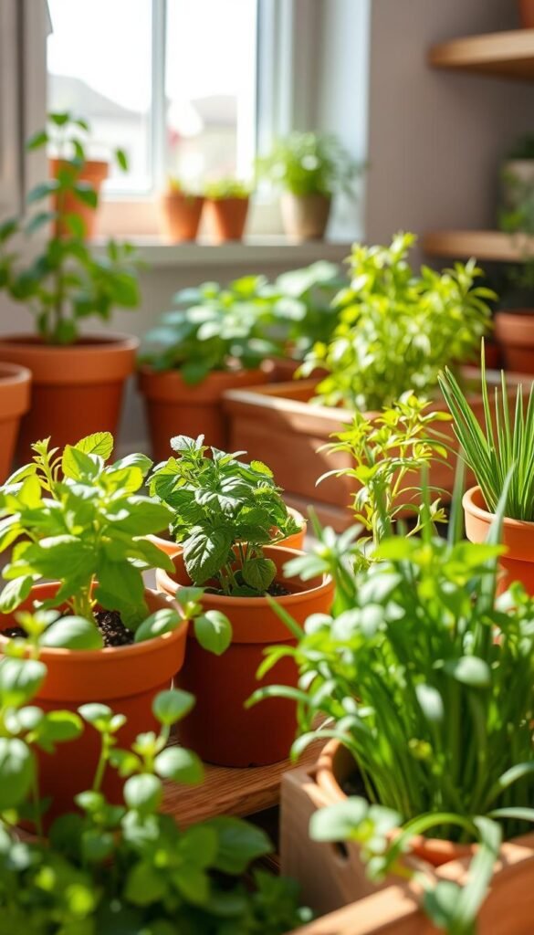 A charming indoor herb garden, set in a cozy and inviting space. The foreground features a variety of vibrant, kid-friendly herbs - lush basil, fragrant mint, and cheerful chives. The middle ground showcases terracotta pots and a wooden planter box, arranged in a pleasing layout. The background depicts a sun-dappled windowsill, with soft natural light filtering in, creating a warm and welcoming atmosphere. The overall scene exudes a sense of nurturing growth and exploration, perfect for engaging children in the joys of gardening.