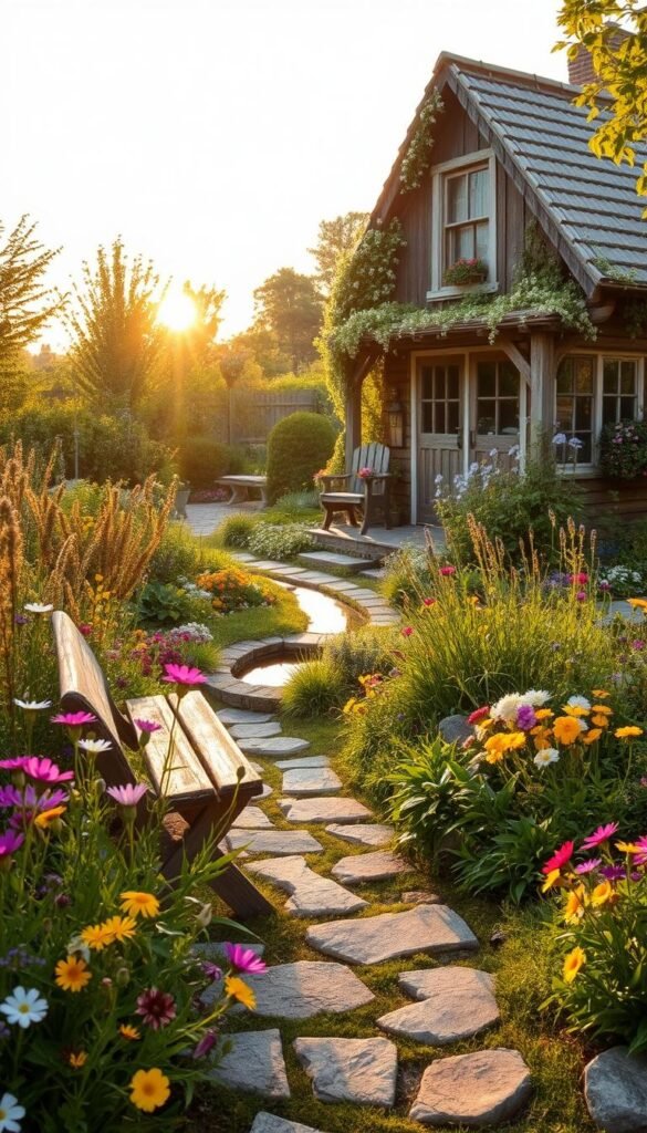 A charming, sun-dappled cottagecore garden, brimming with lush flora and whimsical accents. In the foreground, a quaint stone pathway meanders through a tapestry of vibrant wildflowers, their petals gently swaying in a soft breeze. Nestled amidst the greenery, a weathered wooden bench invites visitors to pause and soak in the tranquil atmosphere. The middle ground features a variety of heritage vegetable beds, their rows neatly tended, and a small, winding stream that gurgles pleasantly. In the background, a picturesque wooden cottage with a steeply pitched roof and flowering vines cascading from the eaves serves as the focal point, bathed in the warm golden light of a setting sun. The scene exudes a sense of timeless charm and effortless harmony, capturing the essence of adapting cottagecore aesthetics to any outdoor space.