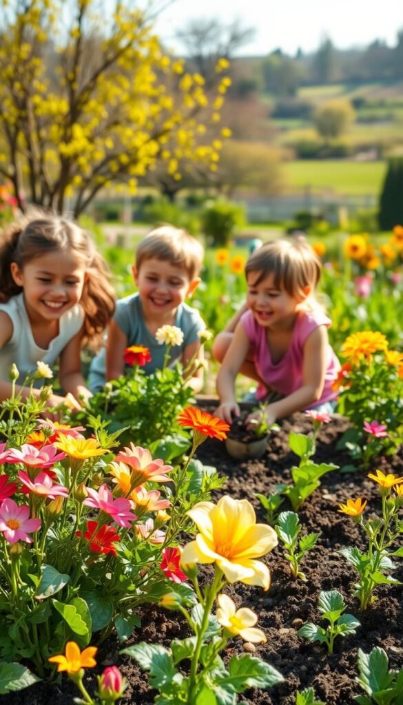 A cheerful outdoor scene of children enthusiastically engaged in gardening activities. In the foreground, a group of young gardeners, their faces alight with excitement, carefully tend to the soil, planting vibrant flowers and herbs. The middle ground showcases a lush and colorful array of blooming plants, their petals swaying gently in a warm, natural light. In the background, a verdant garden landscape unfolds, with trees and shrubs providing a serene and nurturing environment. The overall atmosphere conveys a sense of joy, wonder, and connection with nature, perfectly capturing the spirit of embracing spring outdoors and gardening with kids.