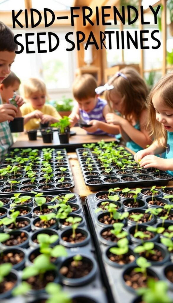 A cheerful, vibrant scene of children engaged in various kid-friendly seed starting projects. In the foreground, a group of children enthusiastically planting seeds in small pots, their faces alight with wonder and curiosity. The middle ground features a table laden with trays of sprouting seedlings, a variety of plants in different stages of growth. In the background, a cozy indoor setting, perhaps a greenhouse or a sunny classroom, with natural light streaming in, creating a warm and inviting atmosphere. The overall mood is one of excitement, learning, and a sense of nurturing the natural world.