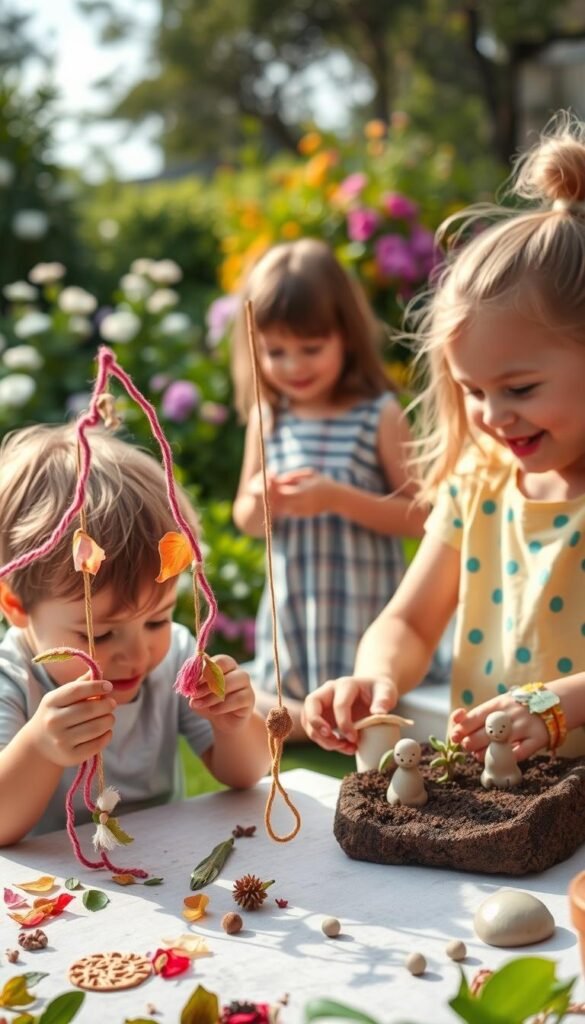 A cheerful, well-lit garden scene with a group of young children engaged in various hands-on craft projects. In the foreground, a curious toddler carefully crafts a whimsical nature-inspired mobile using colorful yarn, leaves, and flower petals. In the middle ground, a pair of siblings giggle as they sculpt playful clay figures to plant in a miniature garden. In the background, a lush, verdant landscape with blooming flowers and a bright, warm sky sets a serene, inviting atmosphere. Soft, diffused natural lighting illuminates the joyful faces and engaged movements of the children, capturing their sense of wonder and discovery. A sense of carefree creativity and connection with the natural world permeates the scene.