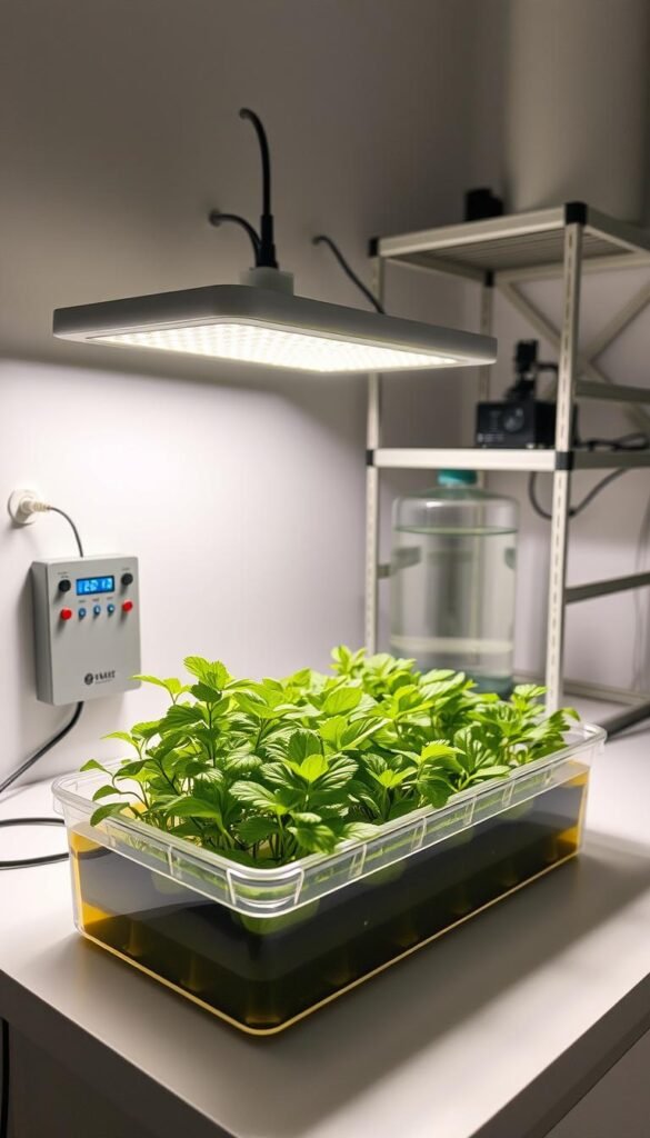 A clean, well-lit workspace showcasing the key components of a compact hydroponic system. In the foreground, a clear acrylic growing tray with lush, verdant plants thriving in a nutrient-rich solution. Nearby, a sleek, minimalist control panel with intuitive digital displays, monitoring the system's temperature, pH, and water levels. In the middle ground, a high-efficiency LED grow light casts a warm, balanced illumination, casting soft shadows across the setup. In the background, a modular, space-saving shelving unit houses the main water reservoir, air pump, and other essential equipment, all neatly organized for a streamlined, visually appealing hydroponics station.