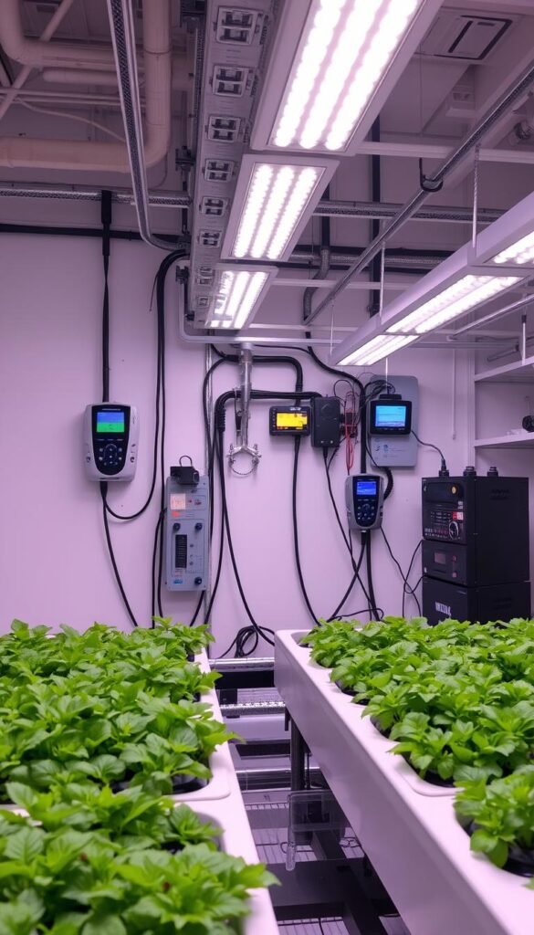 A climate-controlled hydroponics setup, bathed in soft, diffused lighting from above. In the foreground, a series of plant trays with lush, vibrant greenery thriving in a nutrient-rich solution. In the middle ground, a complex array of monitoring equipment, digital displays, and climate control systems meticulously regulating temperature, humidity, and air circulation. The background features clean, minimalist walls, hinting at the precise, scientific approach to this indoor growing environment. The overall atmosphere conveys a sense of tranquility, efficiency, and the harmonious integration of technology and nature.