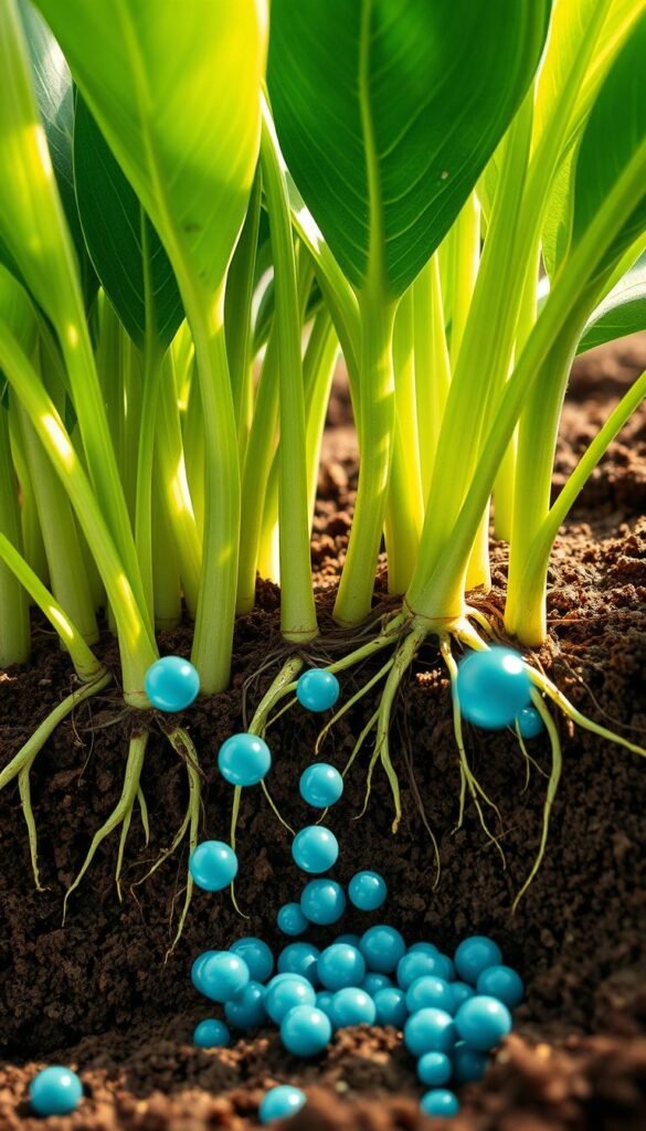 A close-up, detailed illustration of healthy green plants absorbing nitrogen from the soil. The plants' leaves are lush and vibrant, their roots spreading into the nutrient-rich earth. In the foreground, nitrogen molecules are depicted as small, blue-hued spheres, flowing into the plant's system through the roots. The scene is illuminated by soft, natural lighting, creating a serene, educational atmosphere. The composition emphasizes the vital role of nitrogen in facilitating plant growth and development, aligning with the section title "The Role of Each Nutrient in NPK".
