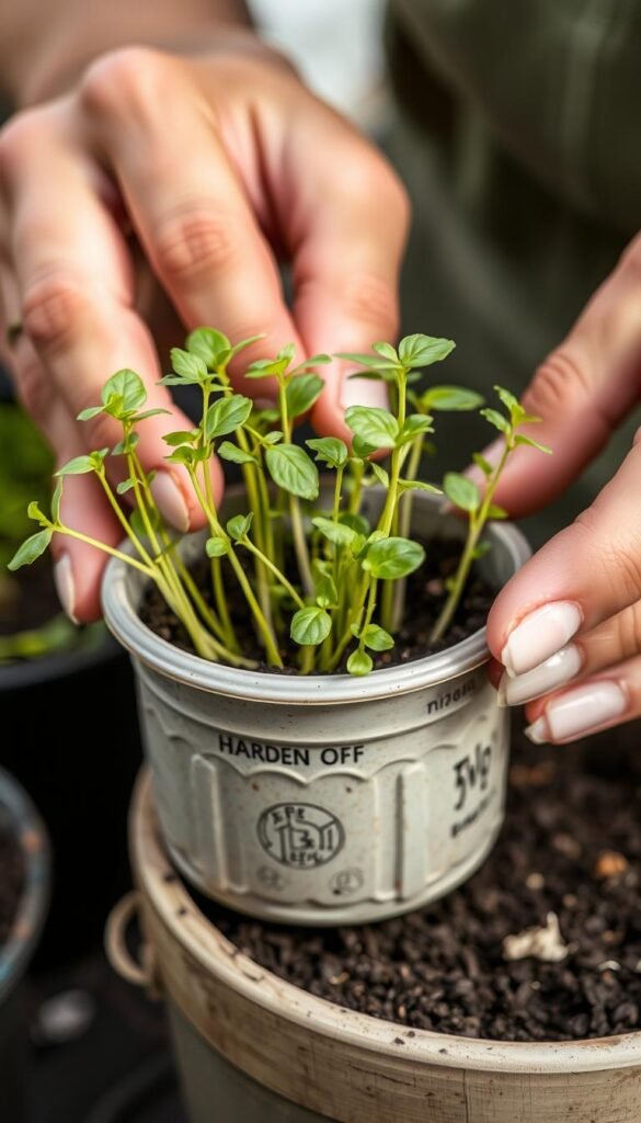 A close-up, detailed view of a gardener's hands carefully transplanting delicate seedlings from a small container into a larger pot. The seedlings have tender, vibrant green leaves and slender stems. The background is blurred, placing the focus on the intricate process of "hardening off" the plants, transitioning them from a protected indoor environment to the harsher outdoor conditions. Soft, diffused natural lighting accentuates the fragile yet resilient nature of the seedlings. The scene conveys a sense of care, patience, and the thoughtful steps involved in properly preparing young plants for their final planting location.