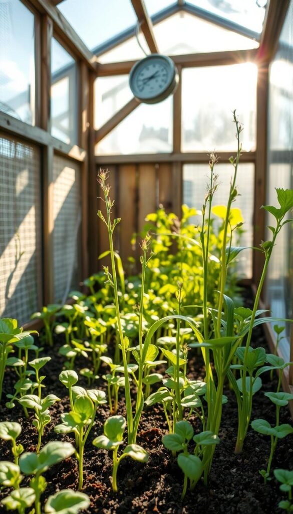 A close-up view of a cold frame filled with lush greenery, showcasing the intricate microclimate within. The frame is constructed with weathered wooden panels, providing a protective barrier against the elements. Sunlight filters through the transparent glass or plastic panes, casting a warm glow over the thriving plants. Delicate seedlings and leafy greens stretch upwards, their leaves gently swaying in the gentle breeze circulating inside the frame. The soil is rich and moist, nourishing the plants' roots. A hygrometer and thermometer display the carefully regulated temperature and humidity, illustrating the science behind this microclimatic environment. The scene conveys a sense of hushed wonder, highlighting the delicate balance and optimization required to cultivate thriving plant life in colder months.