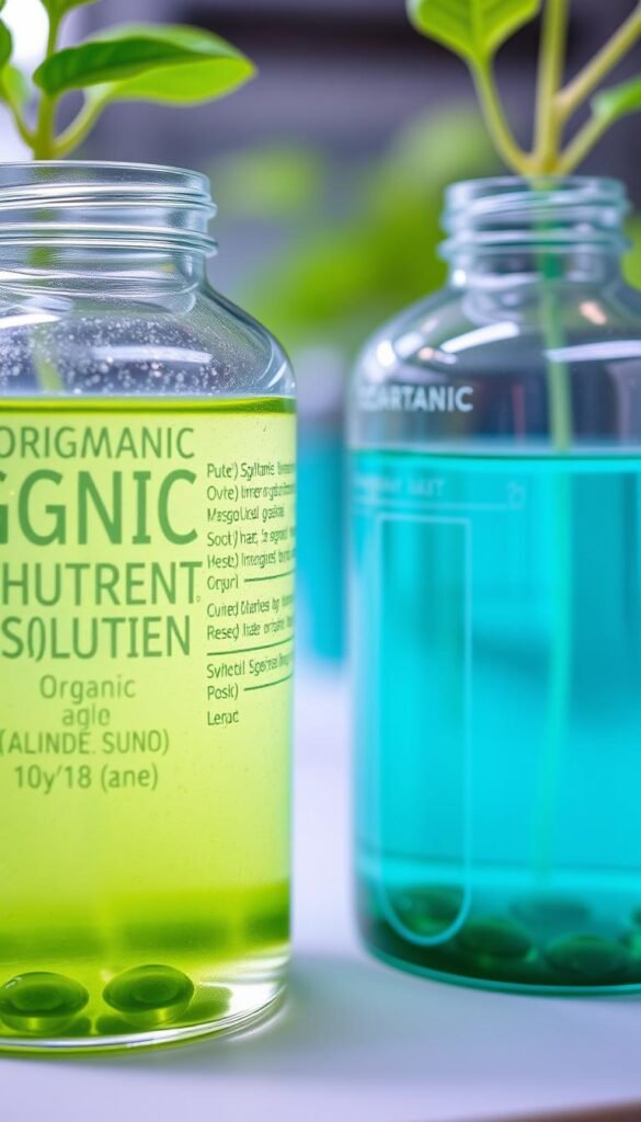 A close-up view of two distinct hydroponic nutrient solutions in transparent containers. The foreground showcases a vibrant green organic solution, with its natural hues and subtle bubbles. The background features a clinical-looking synthetic solution, its chemical blue-green color contrasting the organic counterpart. Soft, even lighting illuminates the scene, emphasizing the visual differences between the two methods. The image conveys the technical nuances and visual cues that distinguish organic and conventional hydroponic growing approaches.