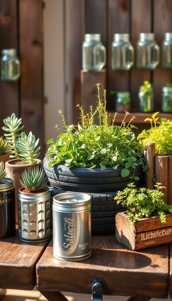 A collection of budget-friendly planters crafted from recycled materials sits atop a rustic wooden table, bathed in warm, natural lighting. In the foreground, repurposed tin cans, wine bottles, and wooden crates serve as unique, eco-friendly containers for thriving succulents and herbs. The middle ground showcases a DIY planter made from an old tire, its vibrant greenery cascading over the edges. Reclaimed wood and mason jars line the background, creating a visually appealing and sustainable display perfect for an urban gardener's patio or balcony. The overall scene exudes a sense of resourcefulness, environmental consciousness, and a touch of whimsical charm.