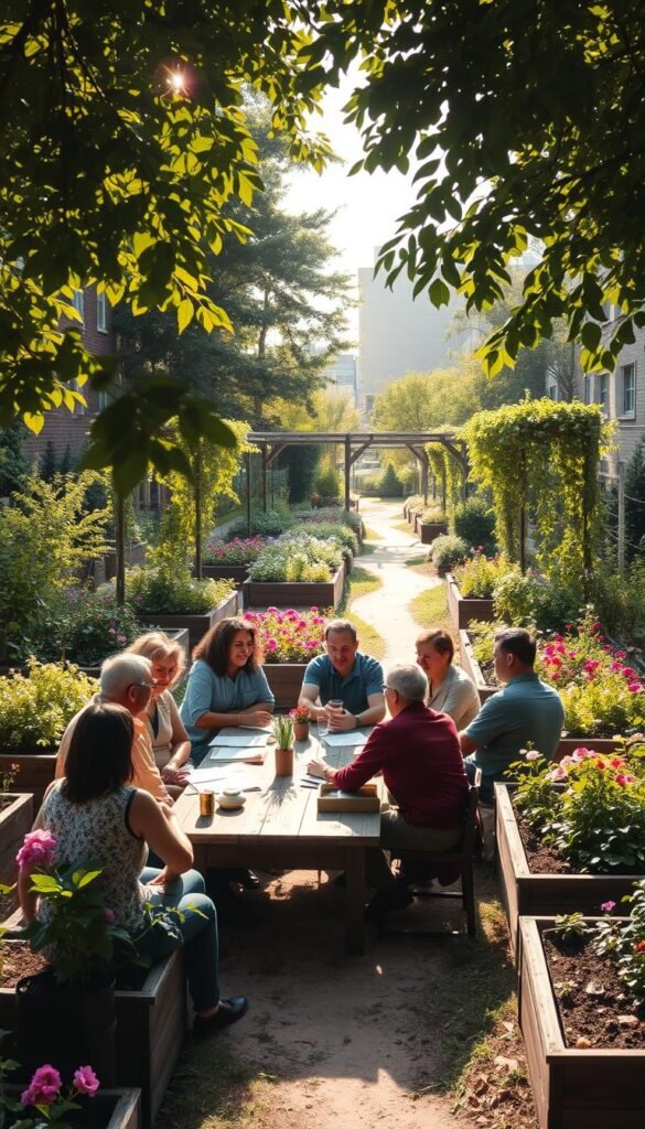 A community garden committee meeting set in a lush, well-tended urban garden. In the foreground, a diverse group of individuals - gardeners, organizers, and volunteers - sit around a wooden table, engaged in animated discussion. Sunlight filters through the leaves of surrounding trees, casting warm, natural lighting across the scene. In the middle ground, raised garden beds overflow with vibrant flowers and vegetables, creating a sense of productivity and abundance. The background features a well-maintained path winding through the garden, with trellises and arbors adorned with climbing vines. The atmosphere conveys a spirit of collaboration, organization, and a shared passion for cultivating a thriving community green space.