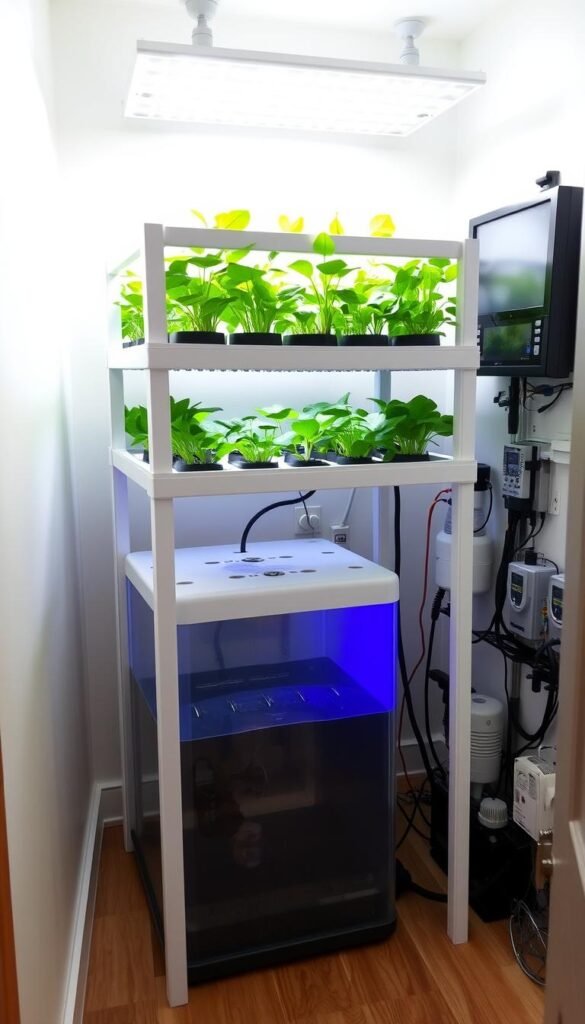 A compact, well-designed hydroponic system setup in a small indoor space. In the foreground, a sleek, minimalist growing unit with multiple tiers of lush, verdant plants thriving under LED grow lights. The middle ground showcases a compact, self-contained water reservoir and nutrient delivery system. In the background, a carefully organized array of monitoring and control equipment, including timers, pumps, and sensors, all harmoniously integrated into the setup. The lighting is soft and diffused, creating a balanced, natural-looking atmosphere. The camera angle is slightly elevated, providing a comprehensive, birds-eye view of the entire system, highlighting its efficiency and suitability for small-space gardening.