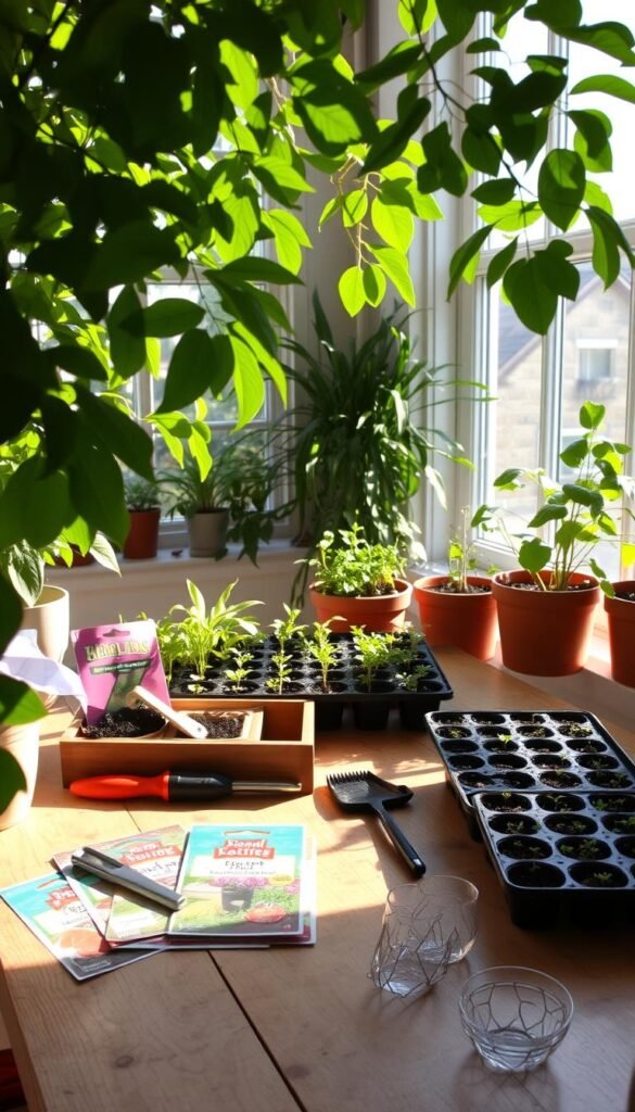 A cozy and well-lit indoor garden scene, with a wooden potting table in the foreground. Vibrant seed packets, gardening tools, and a few seedling trays are neatly arranged on the table. In the middle ground, lush green foliage from various houseplants frames the scene, casting delicate shadows. The background features a large window, allowing natural light to flood the space and create a warm, inviting atmosphere. The overall composition emphasizes the joys and practicality of seed starting, with a focus on simplicity and organization.