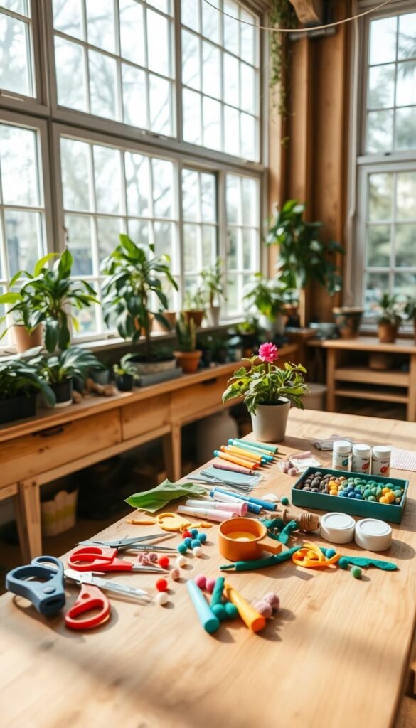 A cozy and well-organized indoor garden studio, with an abundance of natural light filtering through large windows. On a sturdy wooden workbench, an assortment of craft supplies are neatly arranged - colorful felt, scissors, glue sticks, pom-poms, and child-safe paints. A small potted plant sits nearby, adding a touch of greenery. The atmosphere is calm and inviting, perfect for engaging children in mess-free gardening-inspired crafts. The camera is positioned at a slightly elevated angle, capturing the scene from an eye-level perspective that highlights the organized and tidy workspace.