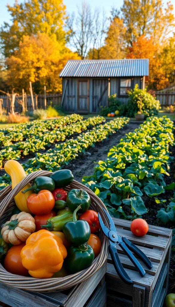 A cozy autumn scene in a lush vegetable garden. In the foreground, a wicker basket overflows with freshly harvested squash, peppers, and tomatoes, their vibrant colors contrasting against the weathered wood. Nearby, a pair of worn gardening gloves and pruning shears rest on a wooden crate. In the middle ground, neat rows of leafy greens and root vegetables sway gently in the cool breeze, their shadows cast by the warm, golden afternoon light. In the background, a rustic shed with a weathered tin roof stands amidst a backdrop of vibrant fall foliage, hinting at the preparations for the coming winter ahead.