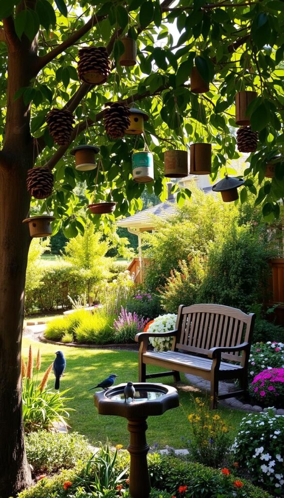 A cozy backyard scene, with an array of homemade bird feeders hanging from tree branches. The feeders are crafted from natural materials like pine cones, wood, and recycled containers, blending seamlessly into the lush foliage. Sunlight filters through the leaves, casting a warm, inviting glow on the scene. In the foreground, a birdbath surrounded by native plants and flowers attracts a variety of feathered visitors. The middle ground features a wooden bench, inviting the viewer to sit and observe the vibrant avian activity. The background showcases a well-tended garden, with a variety of flowering plants and ornamental shrubs. The overall atmosphere is one of peaceful tranquility, where the beauty of nature and the joy of DIY craftsmanship converge.