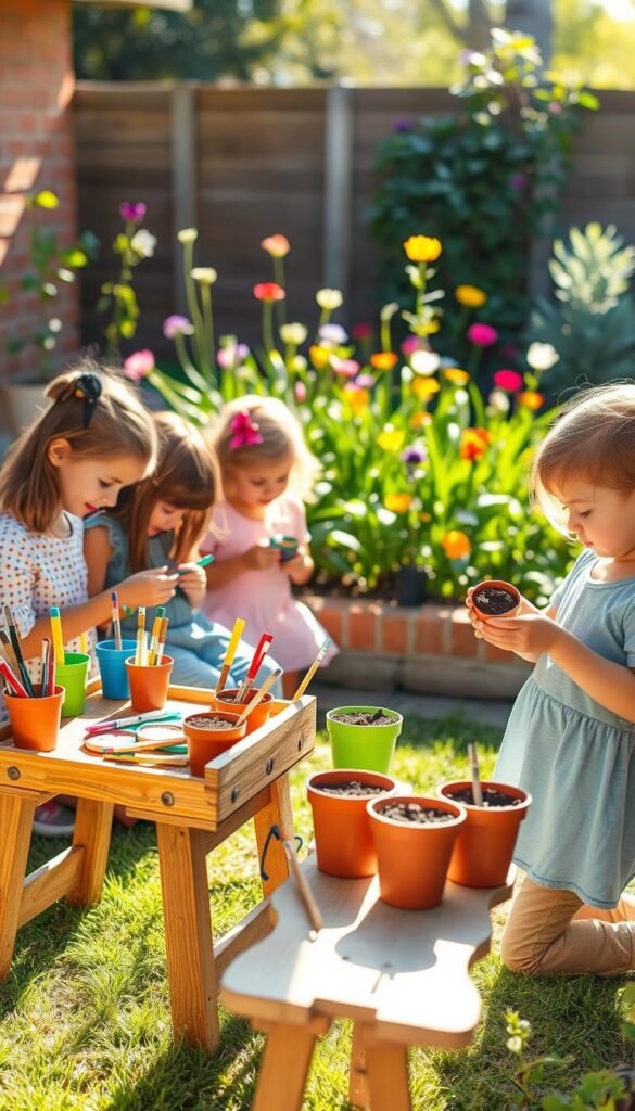 A cozy backyard setting with an inviting DIY project station for kids, bathed in warm afternoon sunlight. In the foreground, a small wooden workbench holds an assortment of colorful craft supplies - paint brushes, pots, and soil-filled planters. Nearby, a group of eager young gardeners, their faces alight with concentration, work on decorating their own unique plant containers. In the middle ground, a lush, verdant garden bed provides a natural backdrop, its vibrant flowers swaying gently in a light breeze. The scene exudes a sense of wonder, learning, and connection with nature, perfectly capturing the spirit of engaging garden-themed activities for preschoolers.