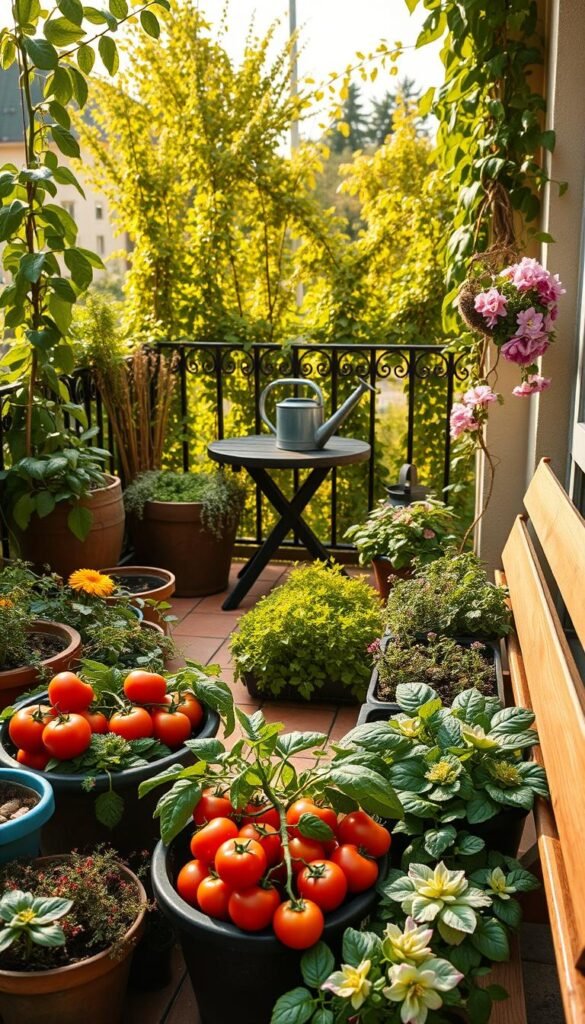 A cozy balcony garden in early spring, with ripe vegetables and blooming flowers. In the foreground, neatly arranged pots and planters overflow with vibrant greens, juicy tomatoes, and fragrant herbs. A wooden bench invites you to sit and admire the view. In the middle ground, a small table holds gardening tools and a watering can. Lush vines climb up the railings, creating a natural, verdant backdrop. Warm, golden lighting bathes the scene, casting soft shadows and highlighting the rich colors. The atmosphere is one of peaceful contemplation and gentle productivity, setting the stage for a bountiful growing season ahead.
