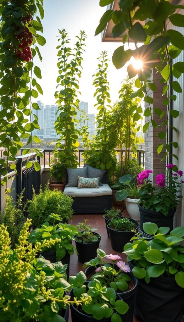 A cozy balcony garden with lush greenery, vibrant flowers, and a tranquil ambiance. In the foreground, a selection of verdant grow bags filled with thriving herbs, vegetables, and trailing vines. Towering leafy plants in the middle ground create a sense of privacy, while a small patio set with a cushioned bench invites relaxation. The background features a sunlit urban skyline, casting a warm glow over the scene. Soft, diffused lighting highlights the textures and colors, conveying a serene and inviting atmosphere. A wide-angle lens captures the harmonious balance of nature and city living, inspiring urban gardeners to transform their balconies into bountiful oases.