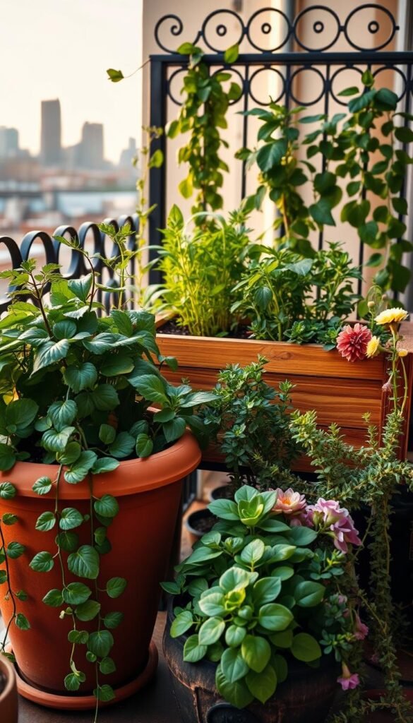 A cozy balcony scene, featuring a variety of lush potted plants and containers. In the foreground, a terra cotta pot overflows with cascading vines and leafy greens. Neighboring it, a wooden planter box showcases a thriving herb garden, its aromatic leaves gently swaying in the soft breeze. In the middle ground, a mix of colorful flowering annuals and trailing succulents add pops of vibrant hues to the composition. The background is framed by a wrought-iron railing, beyond which a city skyline can be glimpsed, bathed in the warm glow of the afternoon sun. The overall mood is one of tranquility and urban oasis, inviting the viewer to imagine the joys of container gardening on a small, intimate balcony space.