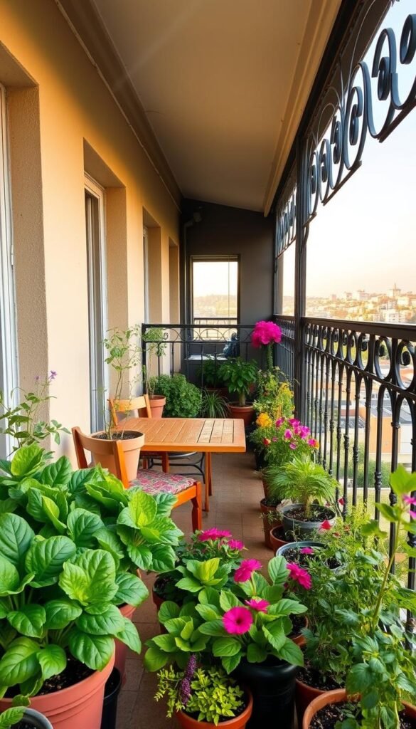 A cozy balcony with a thriving container garden setup. In the foreground, a mix of lush green leafy vegetables and vibrant flowering plants in a variety of pots and planters, arranged in a visually appealing layout. The middle ground features a small wooden table and chairs, creating an inviting space for relaxation and enjoying the garden views. In the background, a wrought-iron railing frames the scene, with the cityscape or natural landscape beyond, bathed in warm, golden afternoon light. The overall atmosphere conveys a sense of tranquility, productivity, and urban oasis.