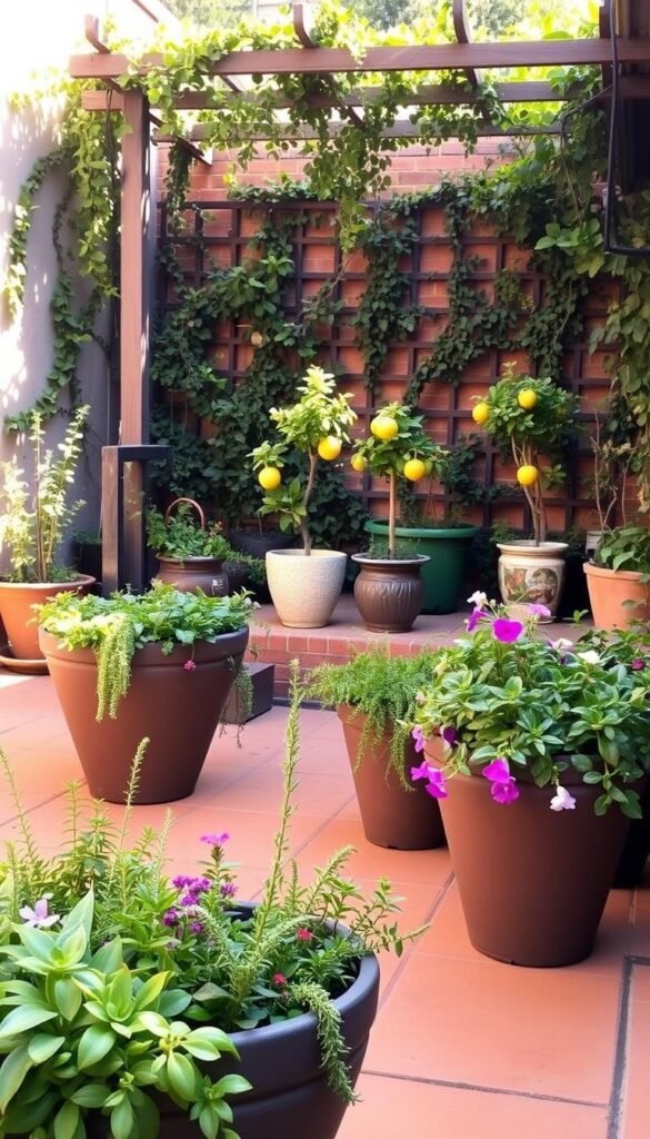 A cozy courtyard garden, with an array of lush container plantings artfully arranged on a warm-toned patio. In the foreground, a mix of trailing succulents, fragrant herbs, and vibrant flowers spill over the edges of sleek, modern planters. In the middle ground, a trio of dwarf citrus trees in decorative pots add pops of green and a promise of future bounty. The background features a trellis adorned with cascading vines, casting dappled shadows and creating a sense of privacy and enclosure. The scene is bathed in soft, golden light, conveying a tranquil, inviting atmosphere perfect for small-space gardening.