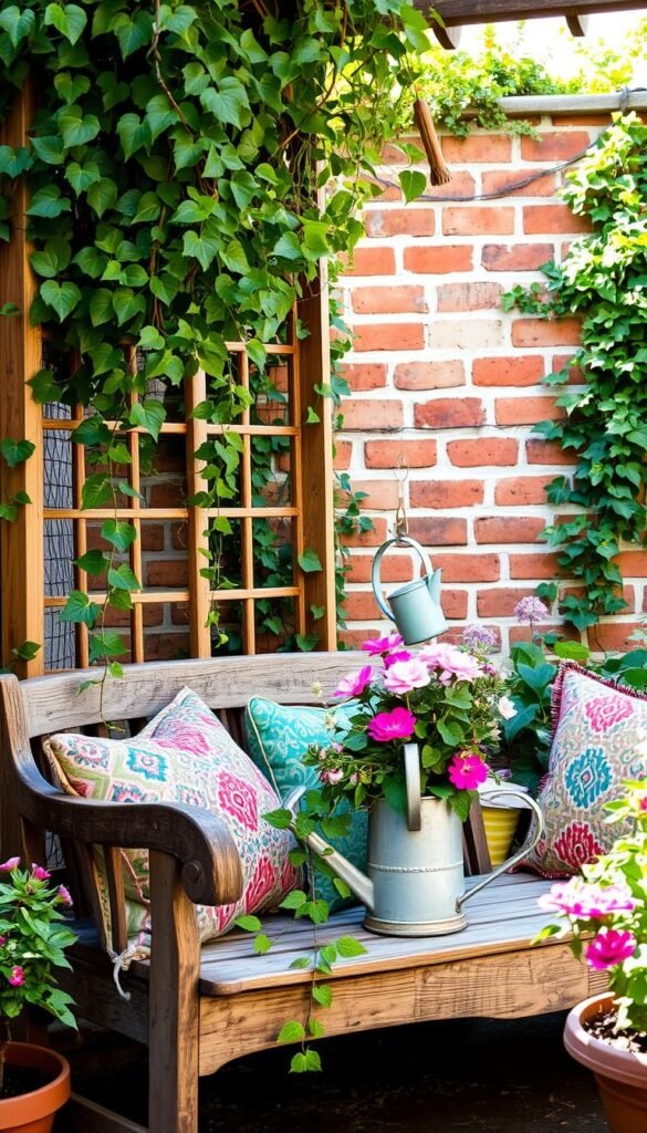 A cozy garden nook featuring an eclectic mix of thrifted finds and upcycled decor. In the foreground, a rustic wooden bench adorned with vibrant patterned cushions. Nearby, a vintage watering can overflows with cascading vines and blooming flowers. In the middle ground, a trellis supports a flourishing climbing plant, its tendrils framing the scene. The background showcases a charming brick wall, partially obscured by lush greenery and a whimsical wind chime swaying gently in the breeze. Warm, natural lighting bathes the entire setting, creating a inviting and budget-friendly atmosphere.