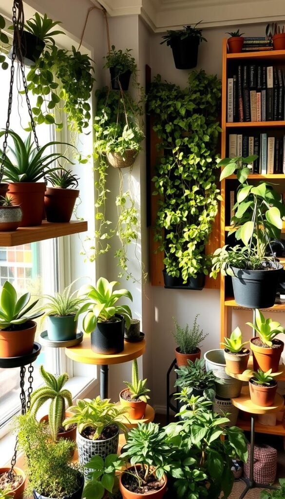 A cozy indoor garden with thriving potted plants and succulents arranged on various custom shelves and plant stands. Soft, warm lighting filters through the window, highlighting the vibrant foliage. In the foreground, small terrariums and hanging planters add texture and depth. The middle ground showcases a wall-mounted vertical garden with cascading vines and compact herbs. The background features a bookshelf displaying gardening books and tools, creating a harmonious, inspiring space for urban gardening.