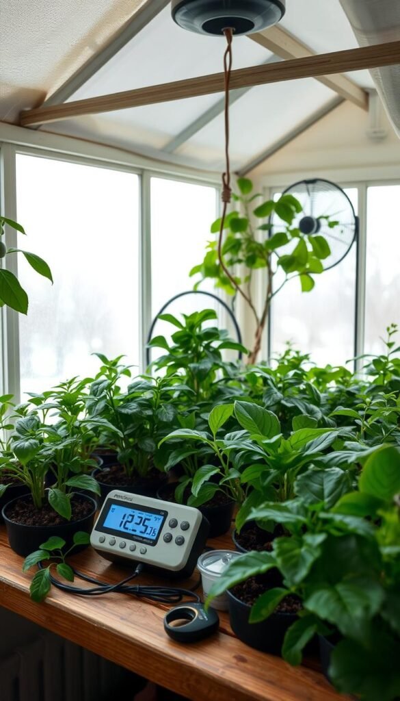 A cozy indoor greenhouse, illuminated by soft, natural lighting filtering through large windows. A digital thermostat and humidity monitor sit on a wooden shelf, carefully regulating the ideal growing conditions for a variety of lush, verdant plants. The air is filled with the earthy scent of soil and the gentle hum of a small circulation fan. The scene exudes a sense of tranquility and control, creating the perfect environment to nurture a thriving winter garden.