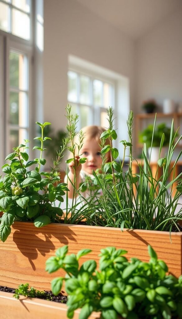 A cozy indoor setting, bathed in natural light from large windows. In the foreground, a wooden planter box overflows with thriving, verdant herb plants - fragrant basil, lush rosemary, and cheerful chives. Their leaves sway gently, as if dancing. In the middle ground, a child's hands carefully tend to the plants, their eyes filled with wonder. The background showcases a bright, airy room with clean, minimalist decor, creating a serene, nurturing atmosphere perfect for growing herbs with kids. The overall scene radiates a sense of calm, joy, and the simple pleasures of cultivating nature indoors.