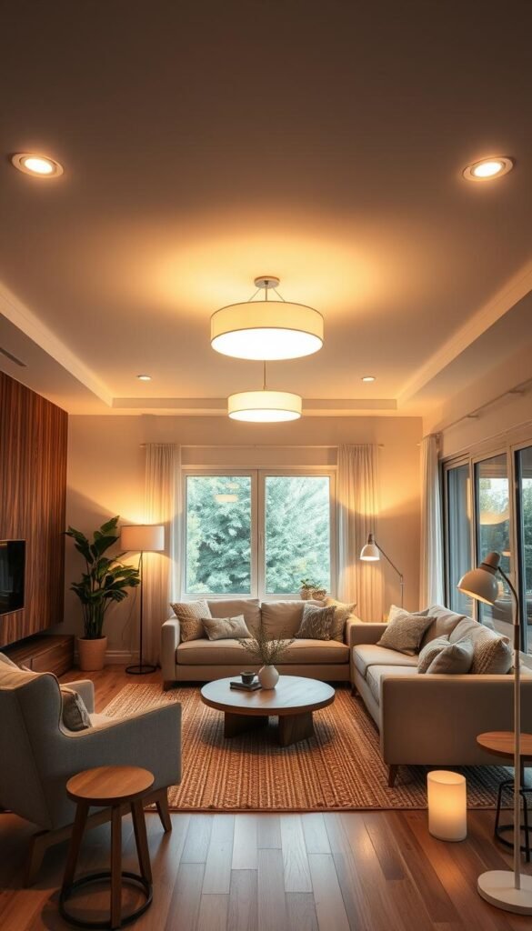 A cozy modern living room, bathed in the warm glow of energy-efficient LED lighting fixtures. Sleek, minimalist pendant lights hang from the ceiling, casting a soft, diffused illumination over a neutral-toned sofa and armchair arrangement. Floor lamps with adjustable brightness provide task lighting, complementing the recessed ceiling lights that seamlessly blend into the design. Wooden and natural fiber accents, such as a woven area rug and a wooden coffee table, create an eco-friendly aesthetic. Large windows allow natural daylight to filter in, further enhancing the sense of environmental sustainability. The overall atmosphere is one of calm, comfortable, and energy-conscious living.